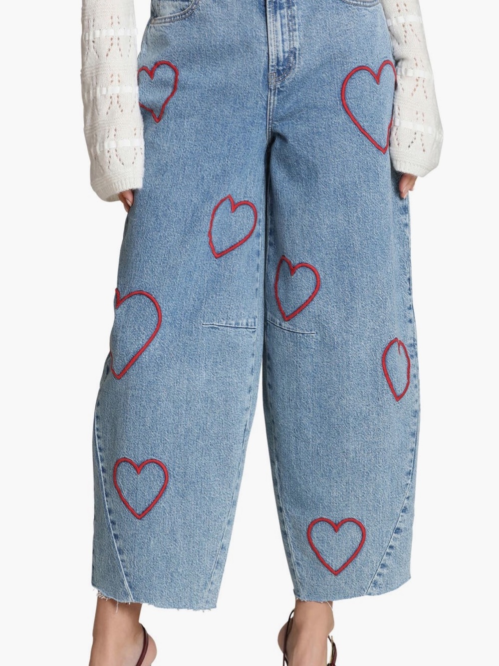 Avec Les Filles Light Blue Wide-Leg Denim Jeans with Red Heart Embroidery